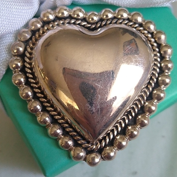 Sterling Silver Puffy Heart Brooch Pin 925 Beaded edge Mexico - Picture 3 of 8